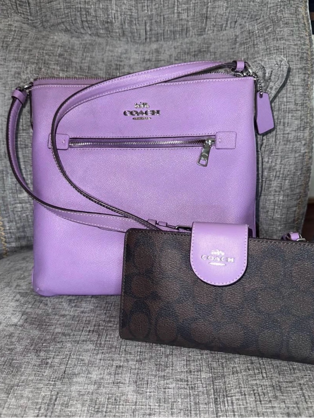 Coach Lavender Crossbody with Signature Brown Coach Wallet